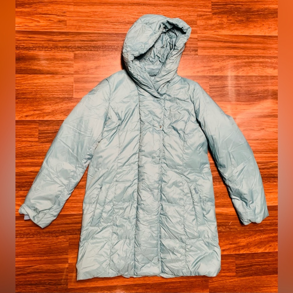 J. Jill Emerson Down Puffer Jacket Hood Jacket Blue Topaz Size M Tall EUC